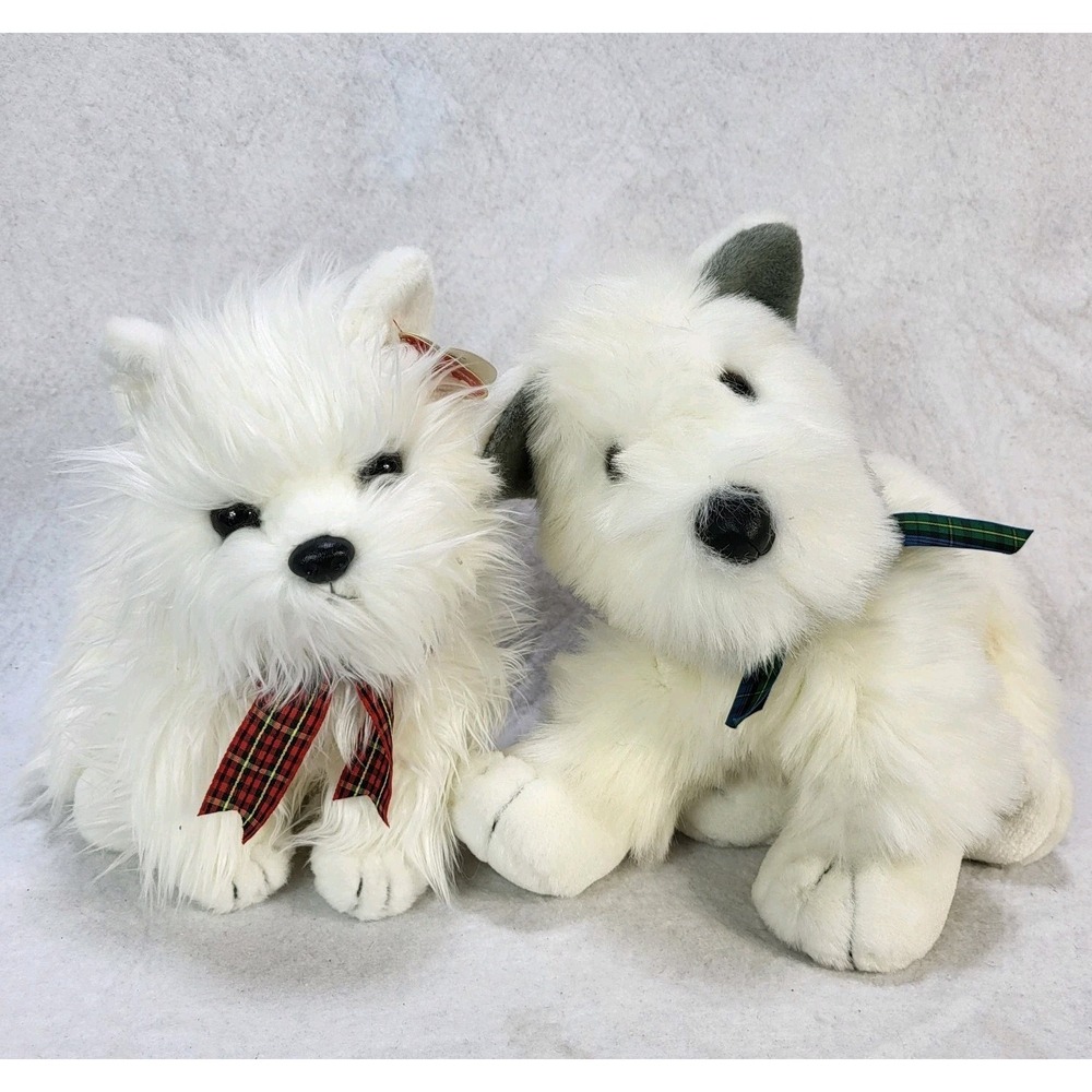 Lot 2 White Westie Terrier Plush Puppy Dogs Ganz Commonwealth Scottish Tartan